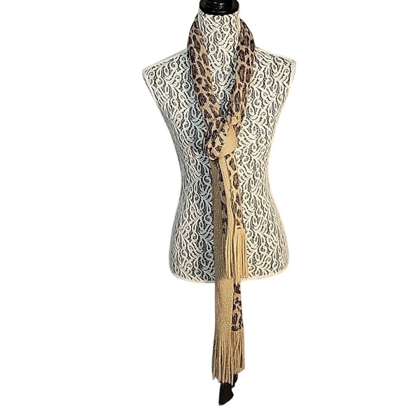 Cejon Leopard Print Scarf with Fringe Rhinestone Accent Fashion Accessory luxury - Picture 1 of 3
